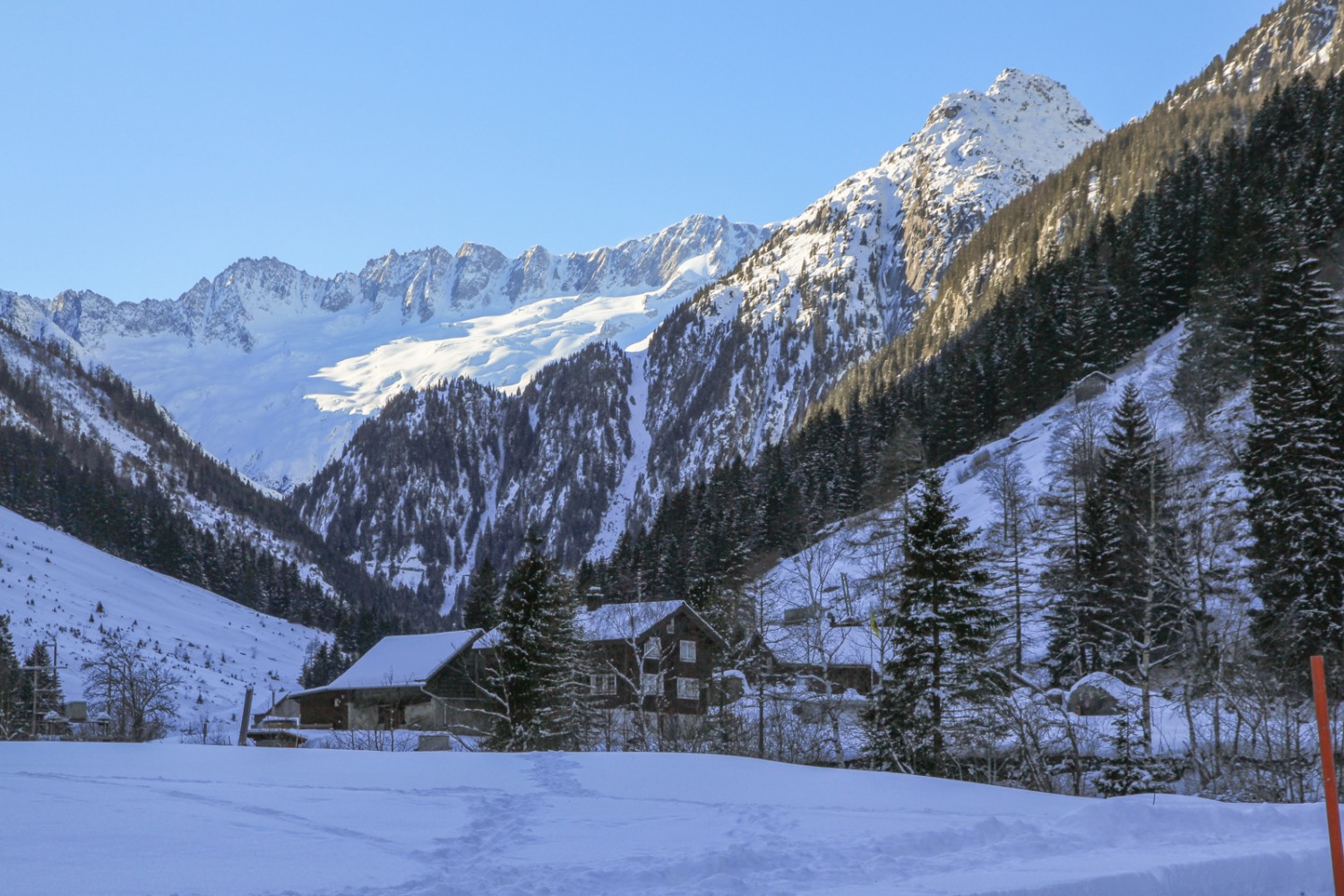 La vallée est dans l’ombre alors que le soleil brille sur les rochers du Dammastock. Photo: Elsbeth Flüeler