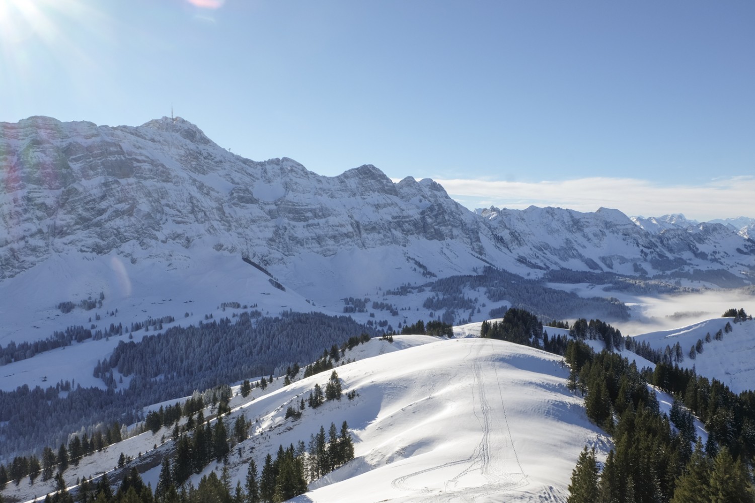 Vor dem Alpstein links. Eine einsame Spur verliert sich in Richtung Schwägalp.  Bild: Elsbeth Flüeler