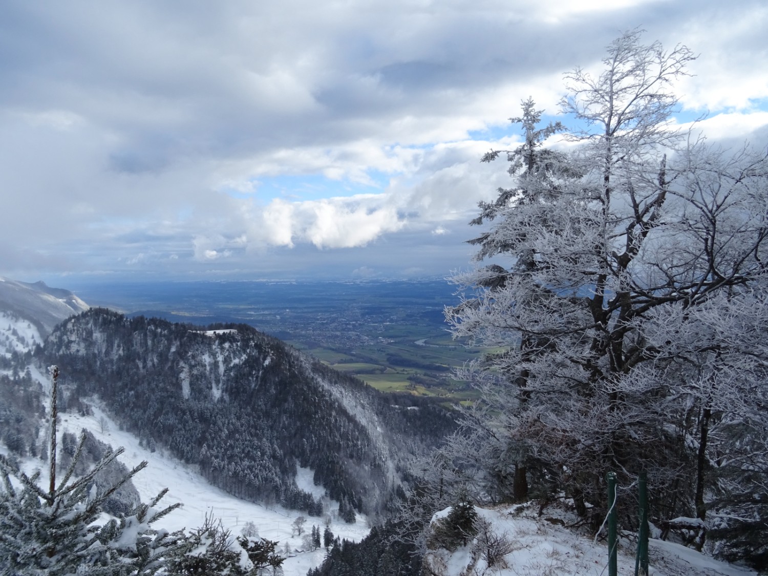 Auf der Wandfluh oben ist tiefster Winter, unten liegt das grüne Mittelland. Bild: Sabine Joss