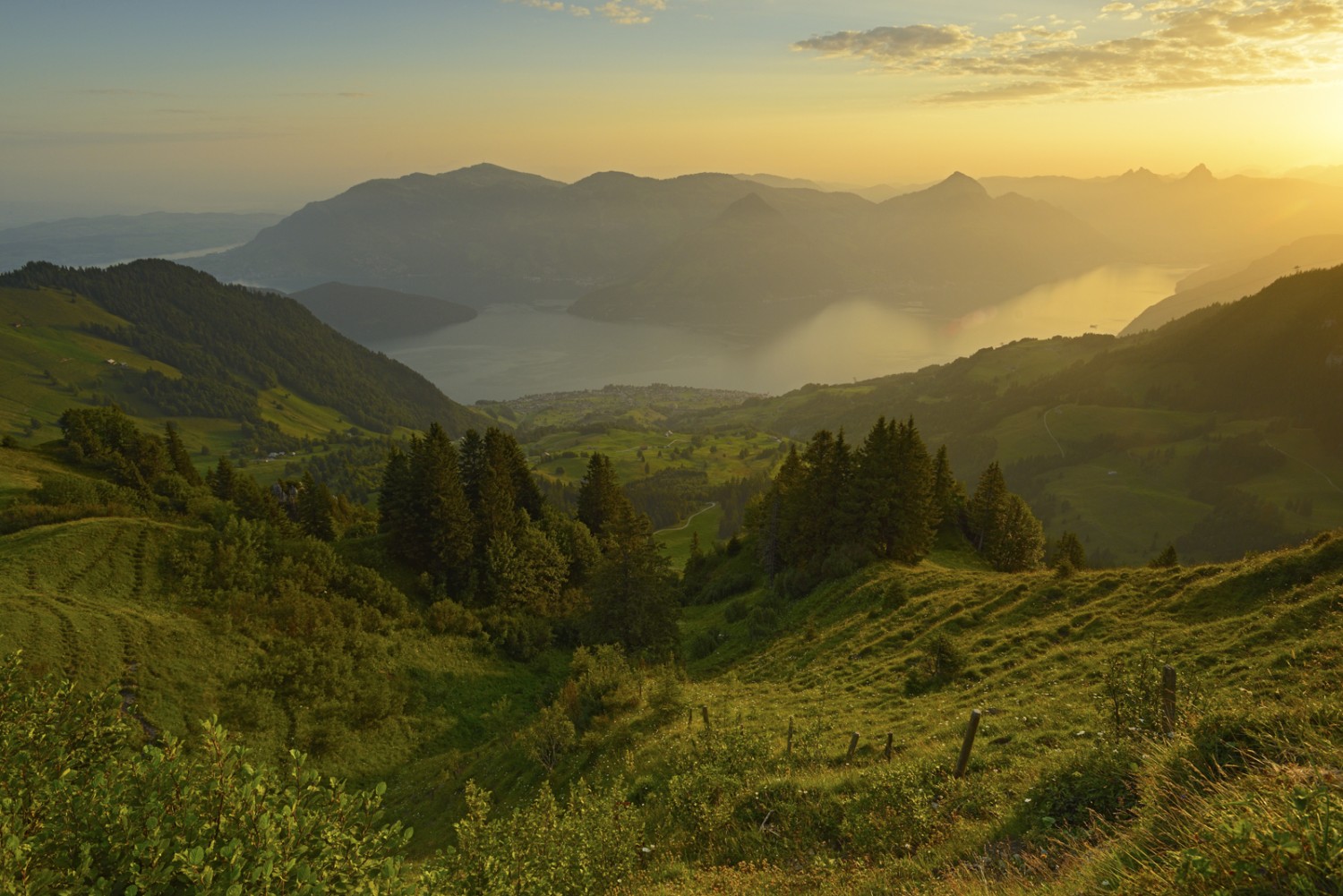 Beckenried et le lac des Quatre-Cantons dans la lumière dorée de l’aube. Doré, le fromage d’alpage fabriqué ici l’est lui aussi. Photo: natur-welten.ch
