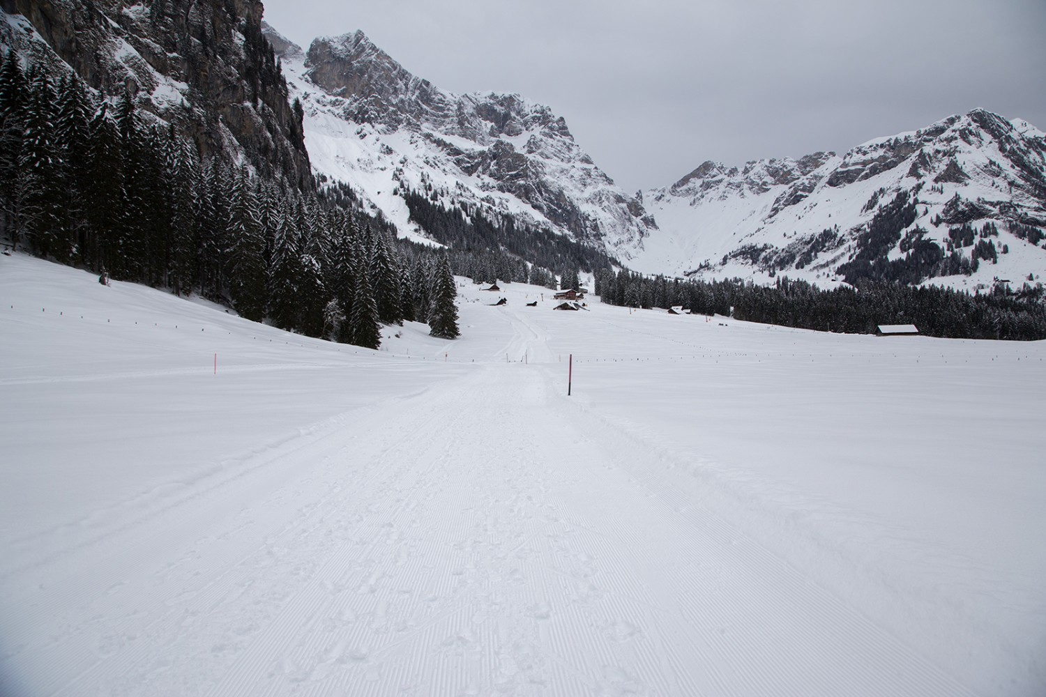 Zwischen Gerschnialp und Unter Trüebsee liegen Langlaufloipe und Winterwanderweg nebeneinander.