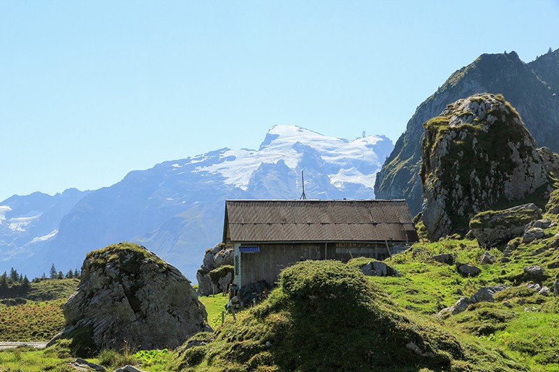 La randonnée mène à l’alpe Lutersee en suivant le pied du Widderfeldstock. Dans le fond, on aperçoit le Titlis. Photos: Elsbeth Flüeler