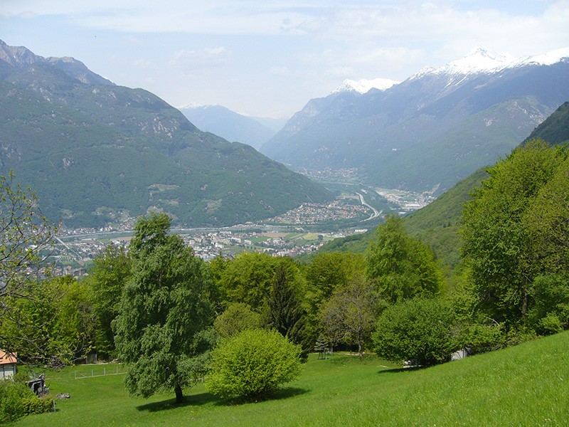 Vue plongeante de Monti di Pedevilla, au-dessus de Paudo, sur la plaine de Magadino. Photo: Werner Nef