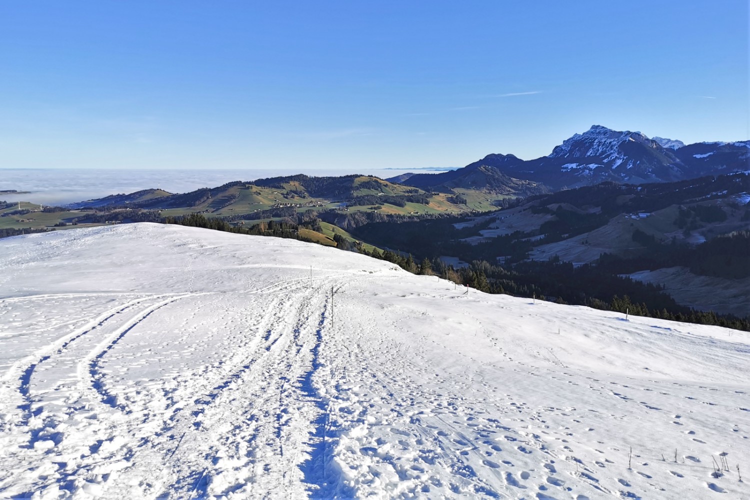 Beim Abstieg öffnet sich die Sicht zum Nebelmeer über dem Mittelland und zur Pilatuskette. Bild: Andreas Staeger