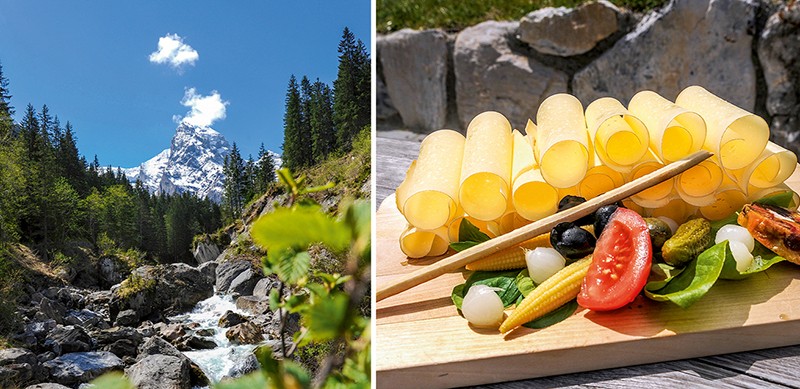 La vallée de Reichenbach et le Wetterhorn; planchette de rebibes de qualité, au restaurant de la Schwarzwaldalp.