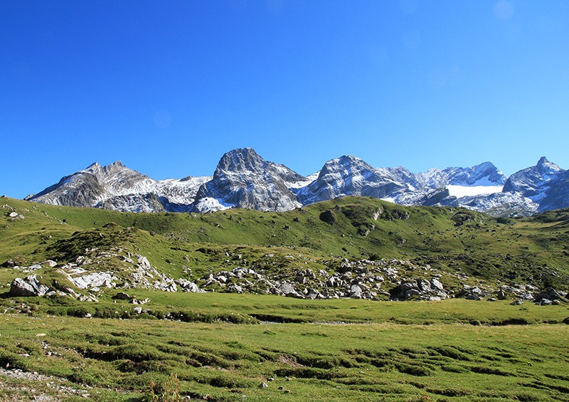 Vue du Pas de Cheville: les sept Têtes en rang d’oignons derrière les collines des Croôts. La deuxième montagne depuis la droite est la Tête à Pierre Grept. Photo: Elsbeth Flüeler