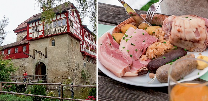 A gauche: le château d‘Hagenwil et son ancien pont-levis; à droite: une assiette de cochonnaille bio servie au Mausacker. Un plat bien nourrissant!