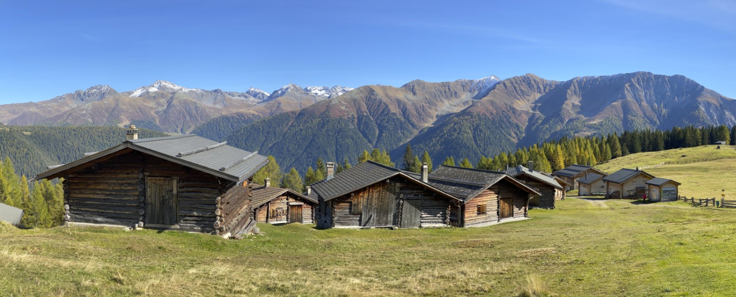 Die Wiesner Alp mit dem langgezogenen Stulsergrat, rechts hinten Piz Ela und Tinzenhorn.