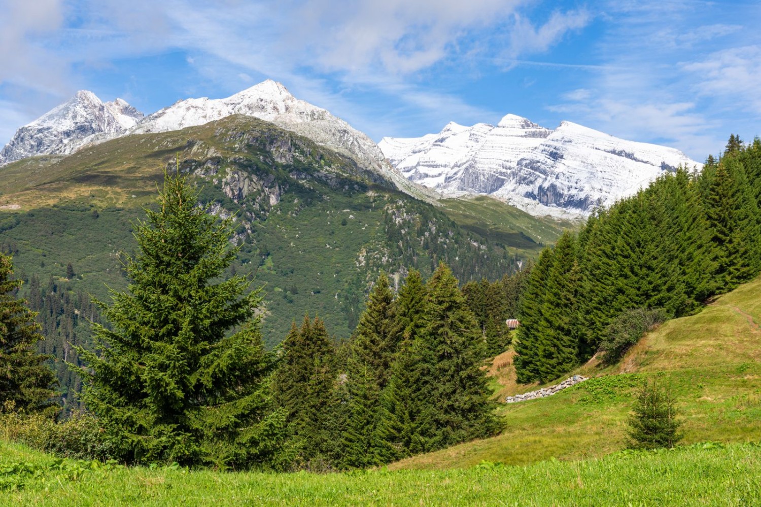 Le Val Frisal se cache entre le Brigelser Hörner (à gauche) et le Bifertenstock (à droite).